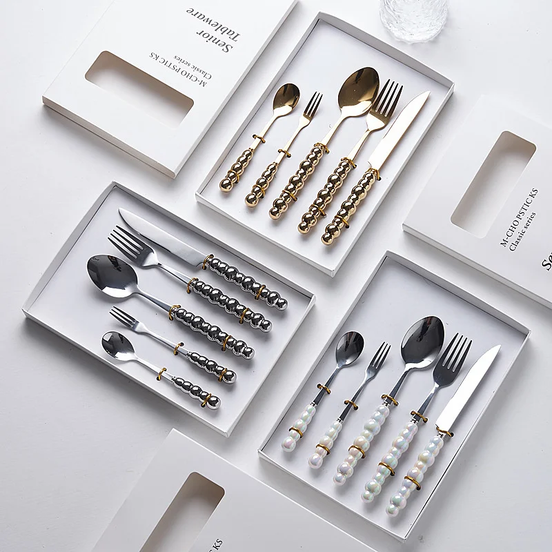 

Fashion Pearl Cutlery Set 18/10 Stainless Steel Creativity Gift Flatware Gold 304 Knife Fork Spoon Drop Shipping