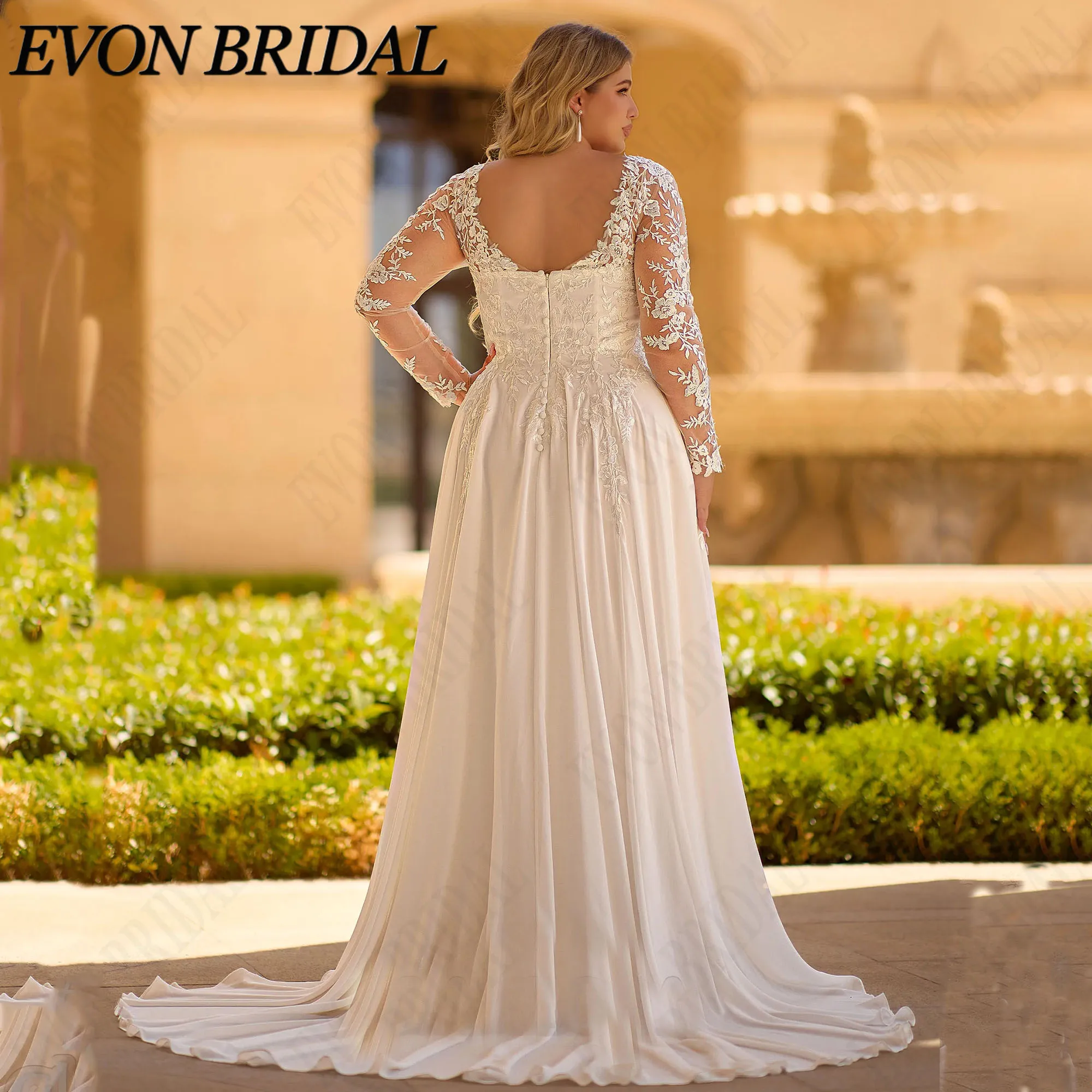 Фото EVON BRIDAL Свадебное платье кружевные аппликации длинные рукава А-силуэт шифон V-образный вырез открытая спина свадебное платье на заказ большого размера молния с пуговицами стиль бохо платье невесты №2