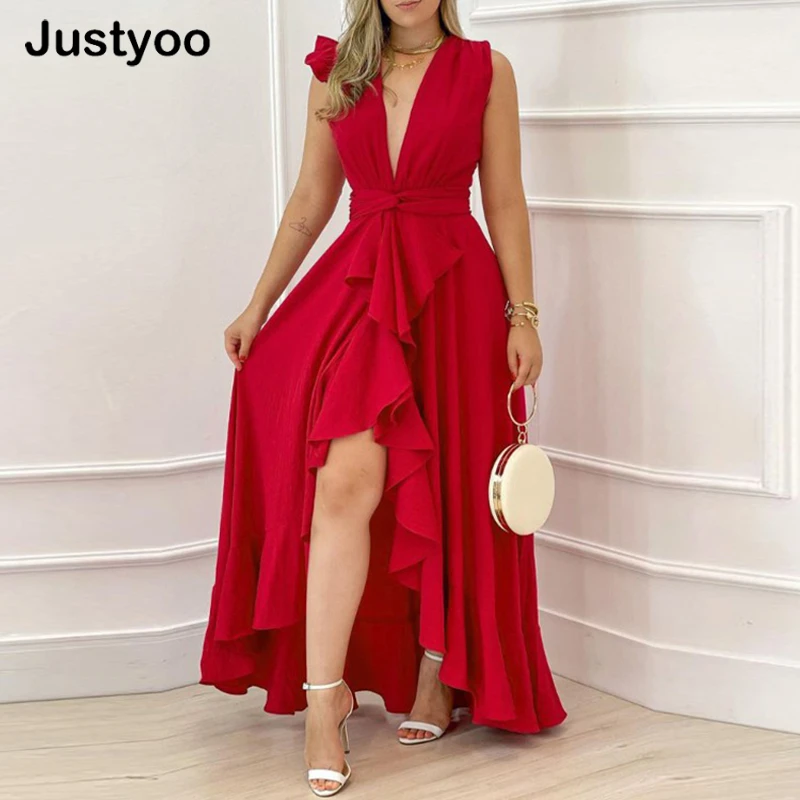 

New Women Elegant Formal Gown Maxi Prom Dress Female Stylish Long Party Dress Plunge Sleeveless Ruffled Hem High Slit Slit Dress