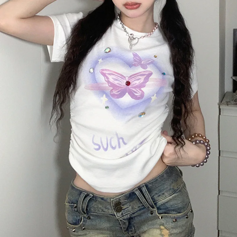 

Diamonds Butterfly Graphic Print T-shirt Harajuku Soft Girl Cute Top Casual Short Sleeve Folds Waist Tees Kawaii Tops T-shirt