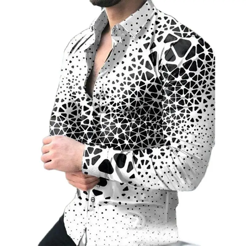

Fashion Social Men Shirts Turn-down Collar Buttoned Shirt Male Casual Geometric Print Long Sleeve Tops Prom Party Men's Clothing