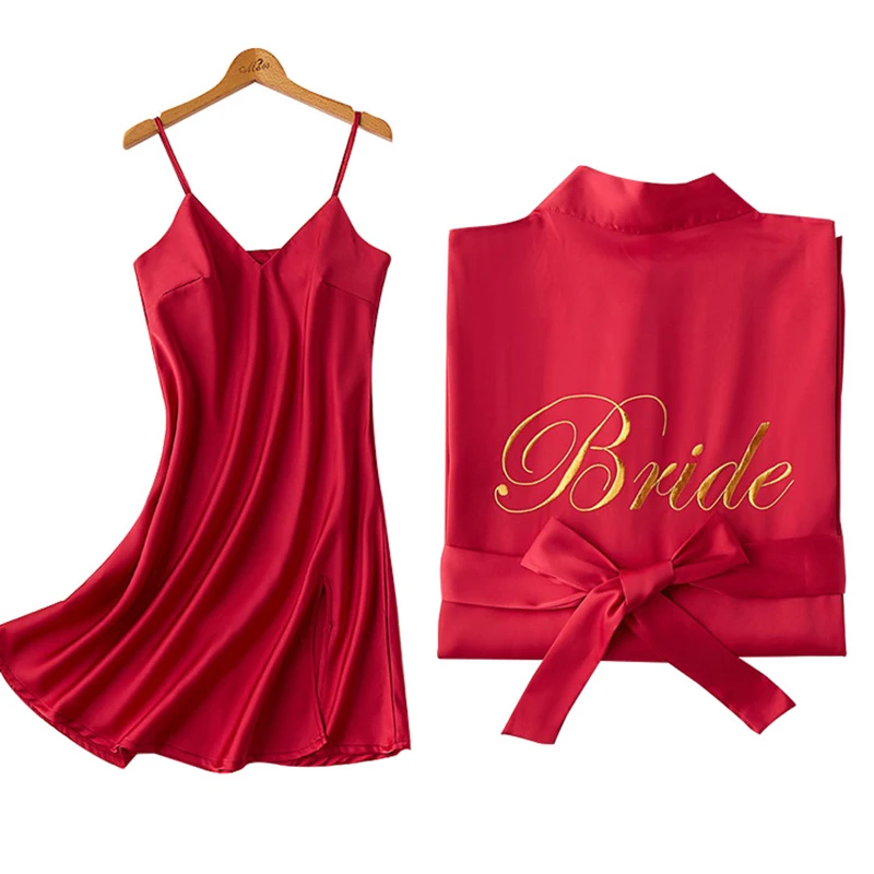 

Embroidery Bride Bridesmaid Wedding Robe Nightgown Sexy Female Bathrobe Sleepwear Set Summer Thin Rayon Home Dress Loungewear