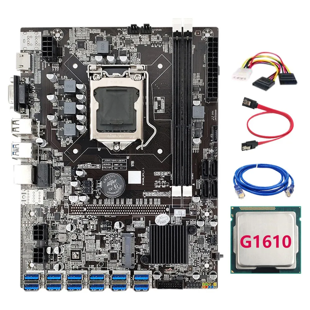 B75 BTC Mining Motherboard with G1610 CPU+4PIN to SATA Cable+RJ45 Network Cable LGA1155 12PCIE to USB DDR3 B75 ETH Miner