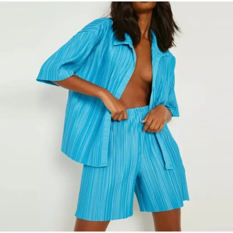 

Pleated Women's Pajama Set Summer Solid Short Sleeve Ladies Sleepwear 2 Pieces with Shorts Single Breasted Pijama for Female