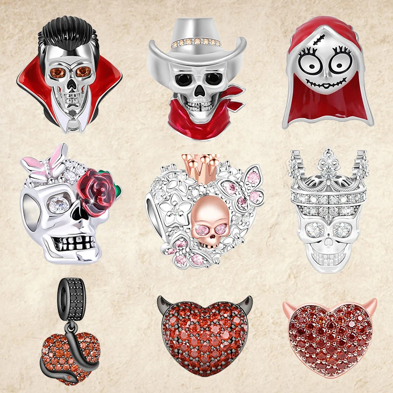 

BAMELA Halloween Charms For Pandora Original Bracelet Skull Heart Snake Beads Pendant DIY Necklace Jewelry Gift For Women