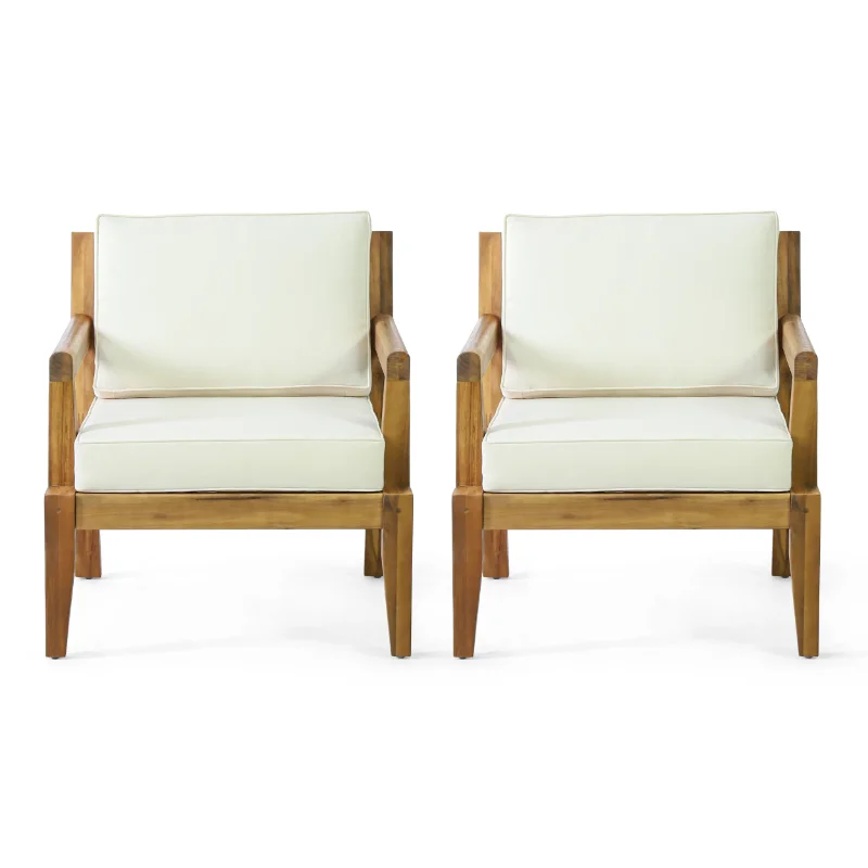 

Pates Acacia Wood Outdoor Club Chairs with Cushions, Set of 2, Teak and Beige
