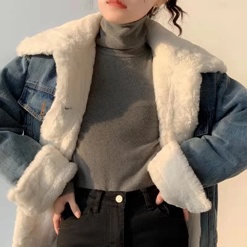 Retro Lamb Wool Denim Jacket Women Motorcycle Cotton Jacket Autumn / Winter Korean Loose Plus Velvet Thick Women student Jacket