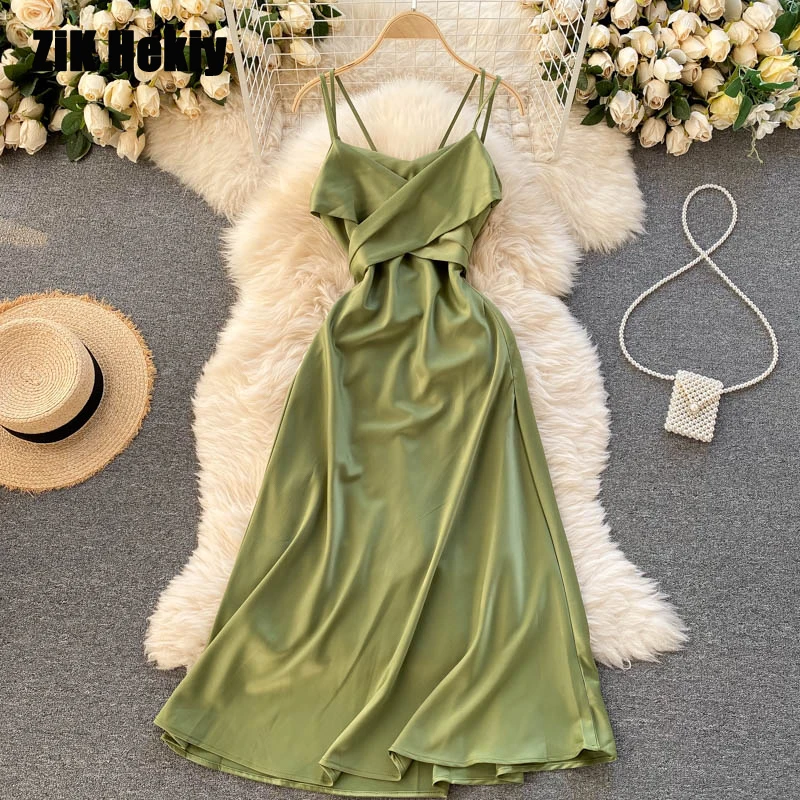 

Zik Hekiy Women Fashion Ins Holiday Travel Premium Feel Dress Cross V-neck Sexy Strapless Dinner Dress Slim Mid-Length Dress