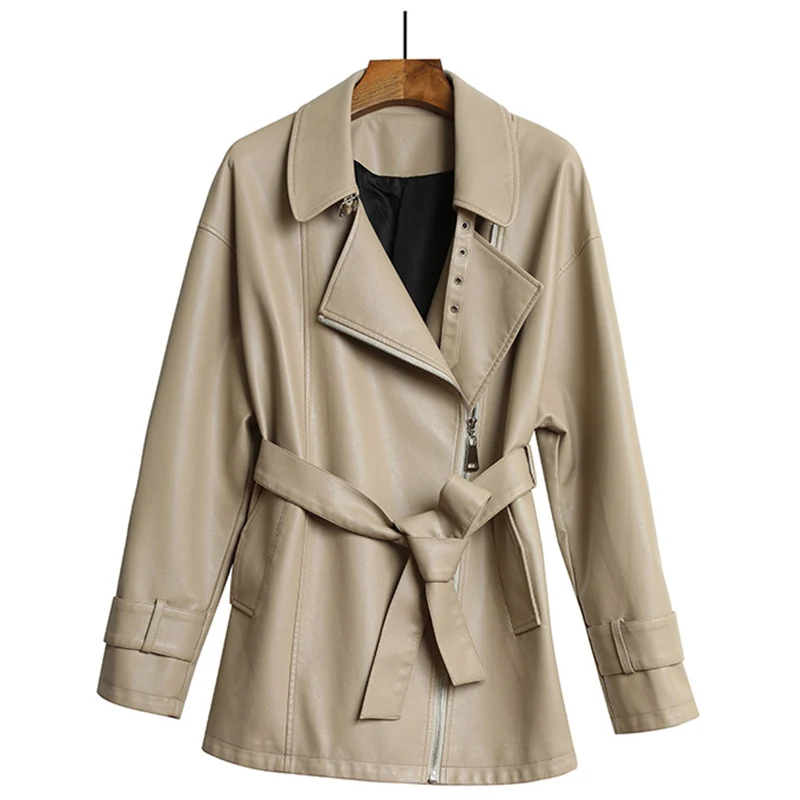 JAZZEVAR 2021 Autumn New British Style Retro Classic Gun Collar Design Mid-length PU Leather Jacket