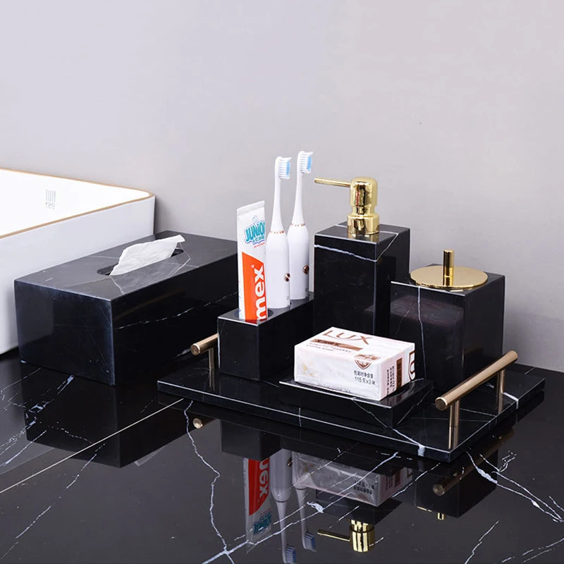 Фото Черный Nero Marquina Натуральный мрамор Набор для ванной комнаты Роскошный дозатор мыла Туалетная щетка Поднос Наборы аксессуаров для ванной комнаты №3