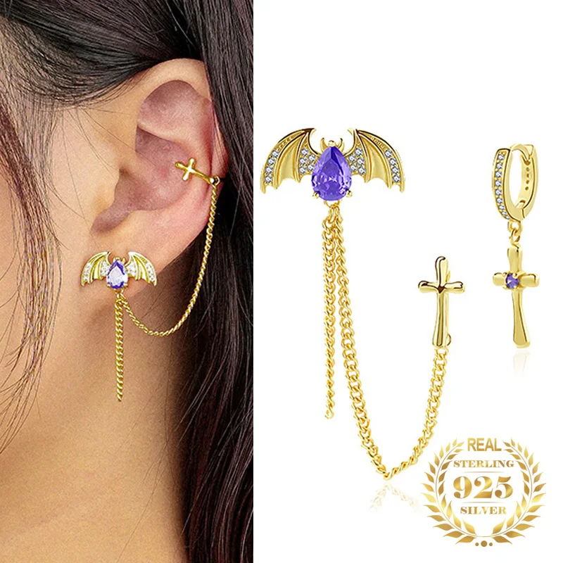 

2023 Creative Halloween Jewelry 925 Sterling Silver Zircon Cross Dangle Hoop Earrings Bat Ear Cuff Drop Earrings For Women