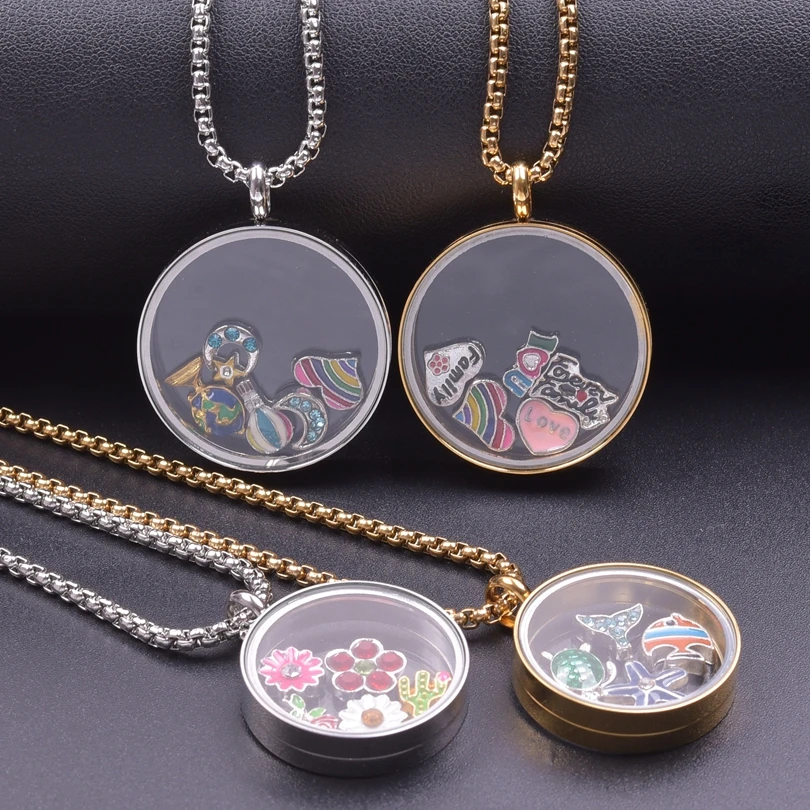 

5Pcs/Lot Stainless Steel Clear Round Floating Photo Memory Locket Pendant Necklaces Living Relicario Women Collares Jewelry Bulk