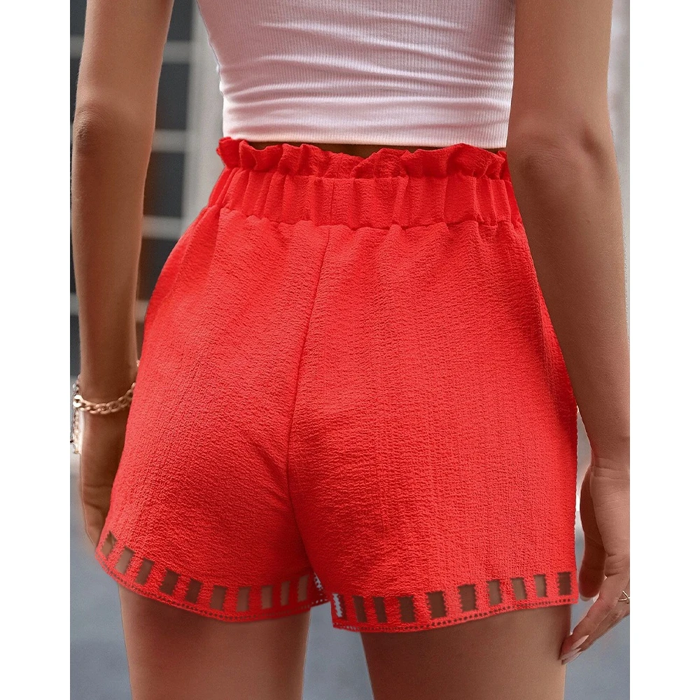 Korean Style Women Ruched High Waist Belted Shorts Female Casual Elegant 2023 Summer Fashion Hollow Out Pocket Design Hot Pants