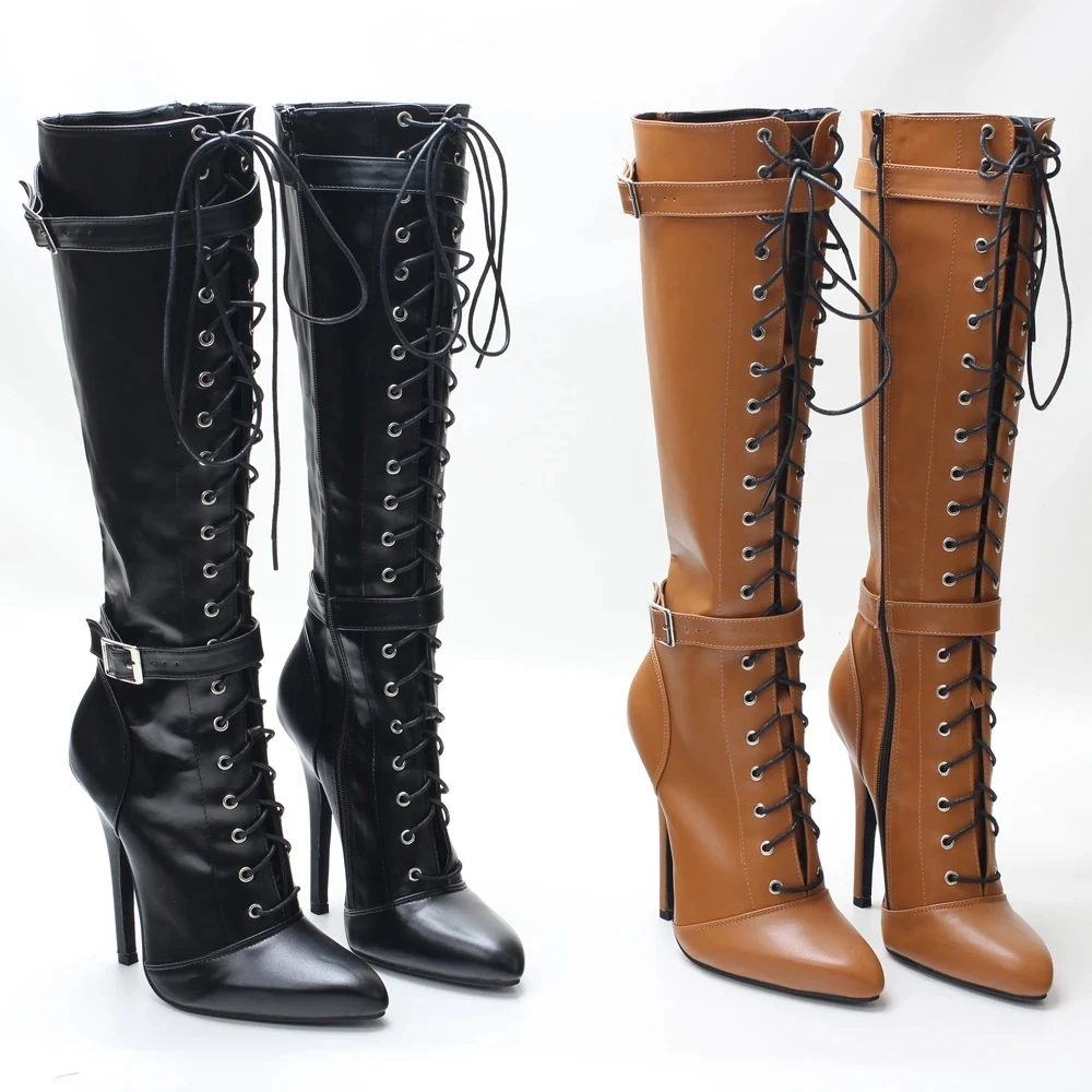 14CM High Heel retro Vintage Style Pointed Toe Stiletto Buckle Strap Lace-up Women Knee-high Boots
