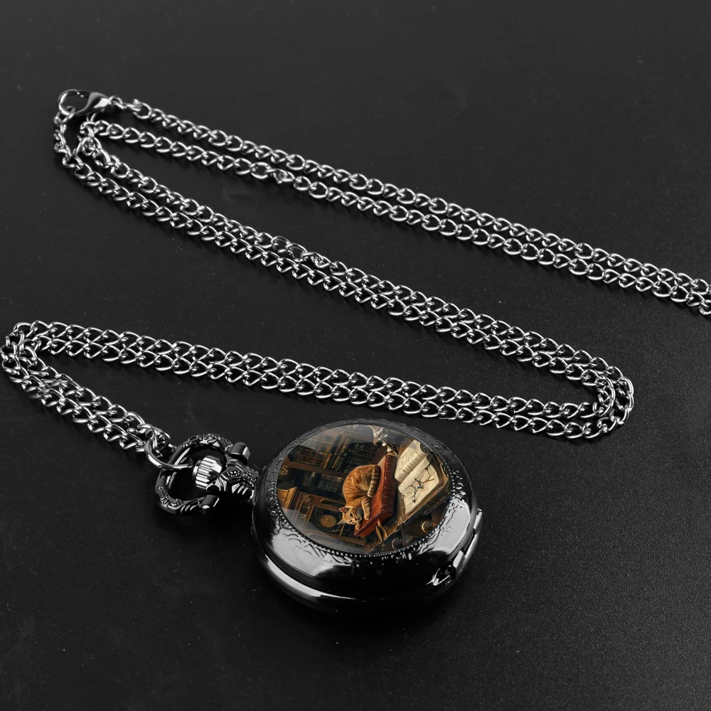 Vintage Art Cat Glass Dome Quartz Pocket Watch With Durable Chain Arabic Numeral Dial Extraordinary Gifts for Kids