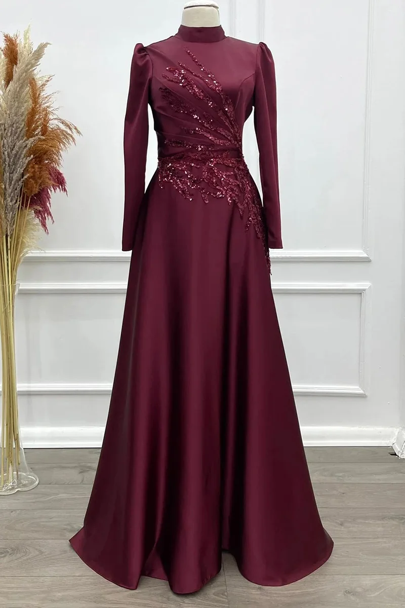 

Elegant Long Sleeve Hijab Muslim Evening Dresses Moroccan Caftan High Neck Sequin Appliques Formal Party Gown Robe De Soiree