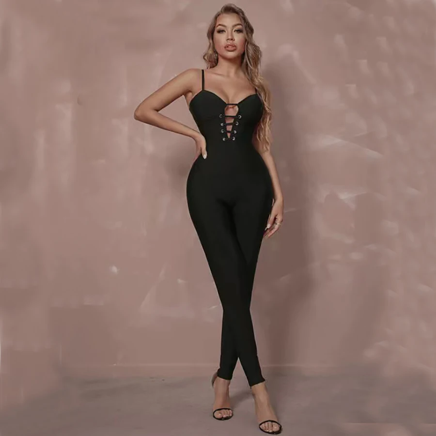 High Quality Summer Women V Neck Bodycon Bandage Jumpsuits Sexy Tank Sleeveless & Long Pants Party Outwear Rompers Jumpsuits