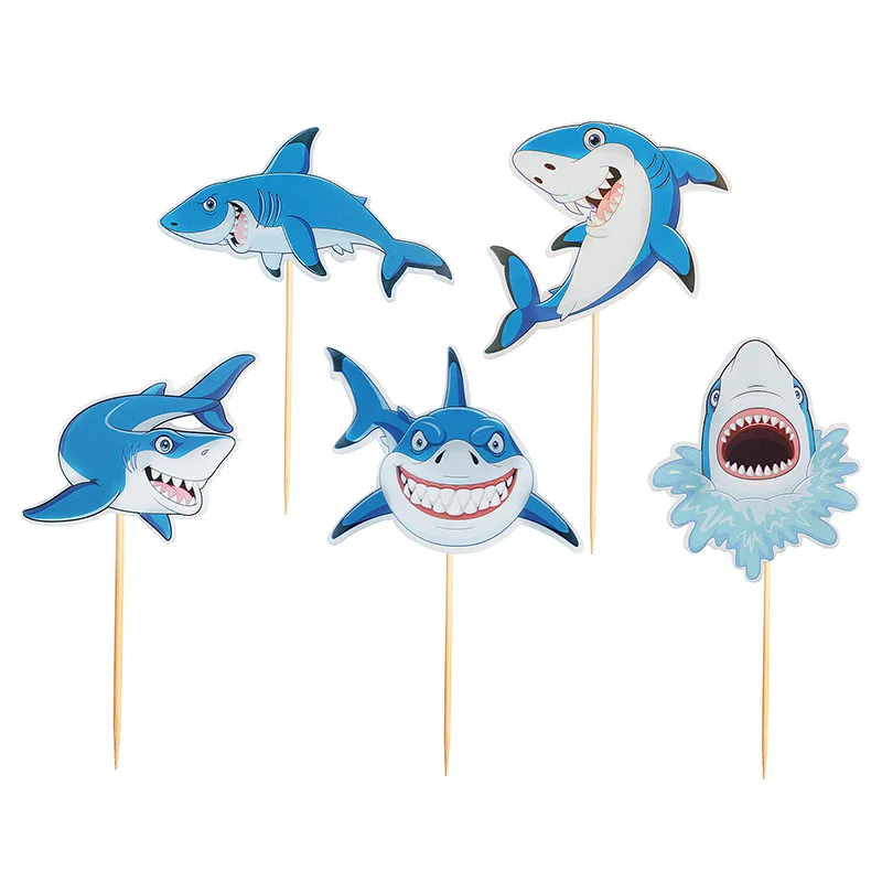 

20PCS Shark Cake Topper Ocean Theme Birthday Party 5 types Shark Shape Cupcake Topper for Baby Shower Sea Animal Party Cake Deco