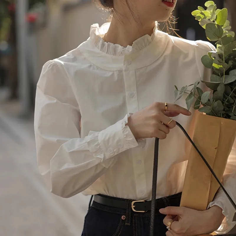 Retro Hong Kong Sle White Stand Collar Shirts Women 2024 Early Spring New Shirt Design Sense French sle Chic Top