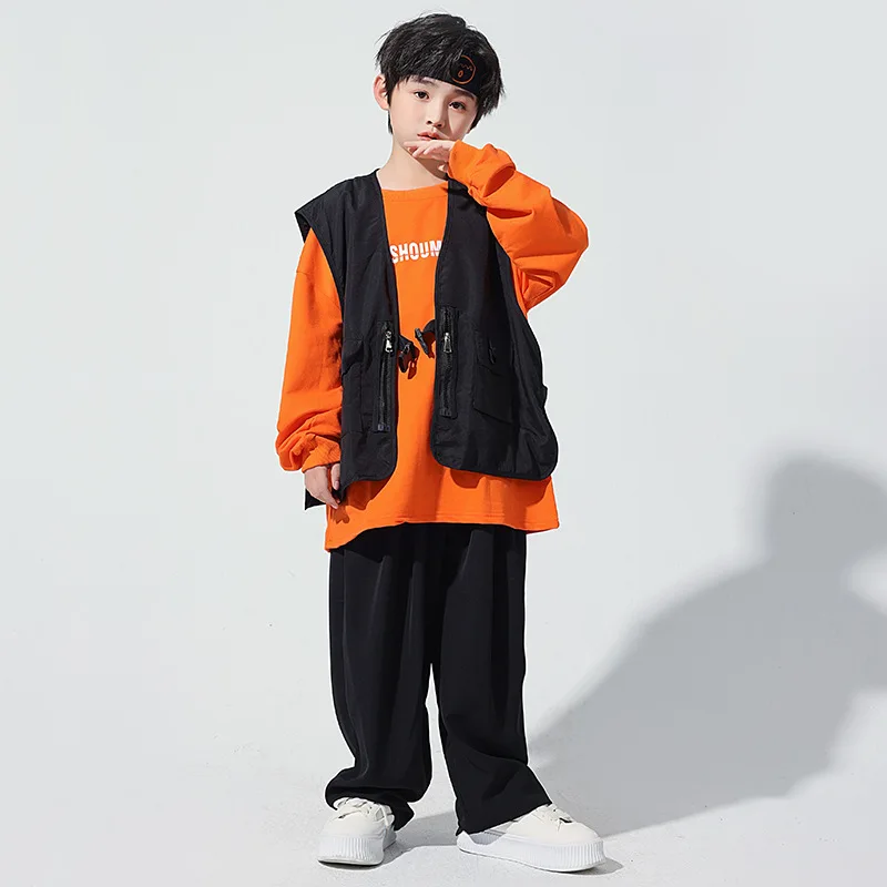 

Kids Street Wear Hip Hop Clothing Black Vest Orange Long Sleeve T Shirt Baggy Pants Boy Jazz Dance Costume Teen Concert Clothes