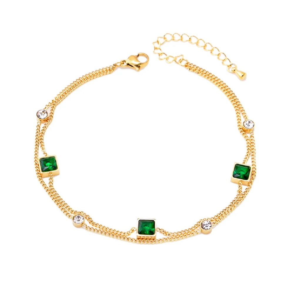 

Korean Style Popular Jewelry Double Anklet Emerald Square Zircon Elegant Ladies Luxurious Temperament Footwear