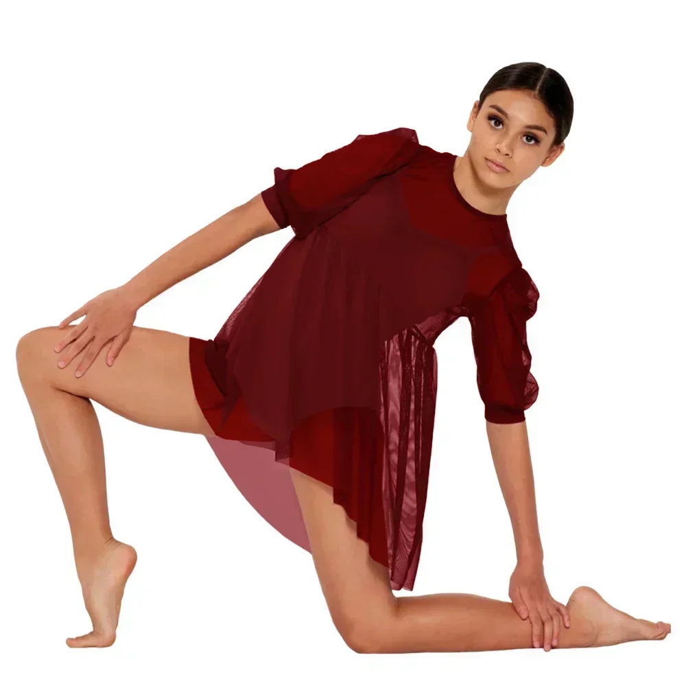 Фото MiDee 2-х предметное сетчатое платье Babydoll с подходящим трико, пуловер, юбка с пышными рукавами, современный лирический балетный танцевальный костюм №3