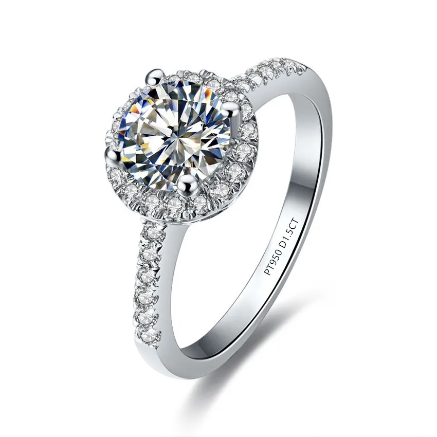 

Solid Platinum PT950 Ring 1.5CT Diamond Wedding Ring White Gold Brilliant Finger Jewelry VVS1 D Color