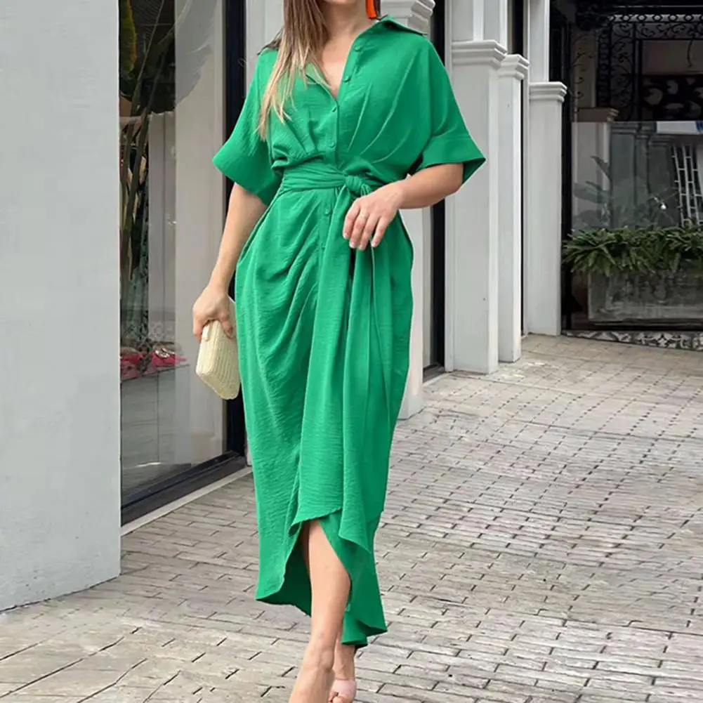 

Women Dress Lapel Short Sleeve High-Waist Single Breasted Shirt Dress Solid Color Lace-up Draped Maxi Dress Female Clothing