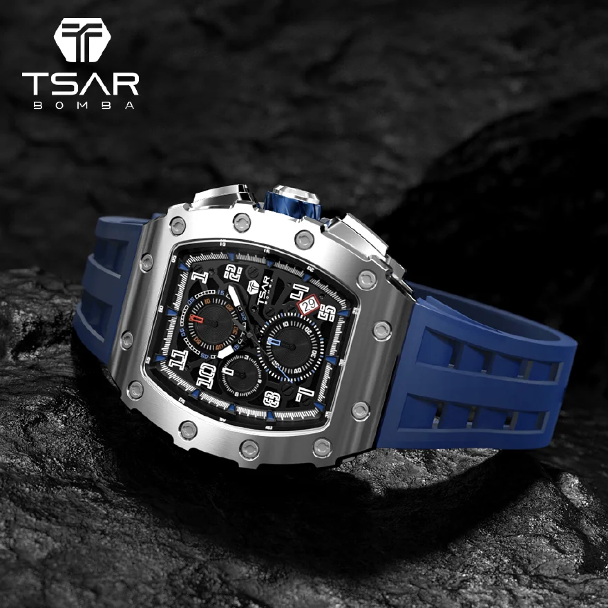 

Mens Watch TSAR BOMBA Stainless Steel Wristwatch Luxury Sport Chronograph Tonneau Design 50M Waterproof Relogio Masculino