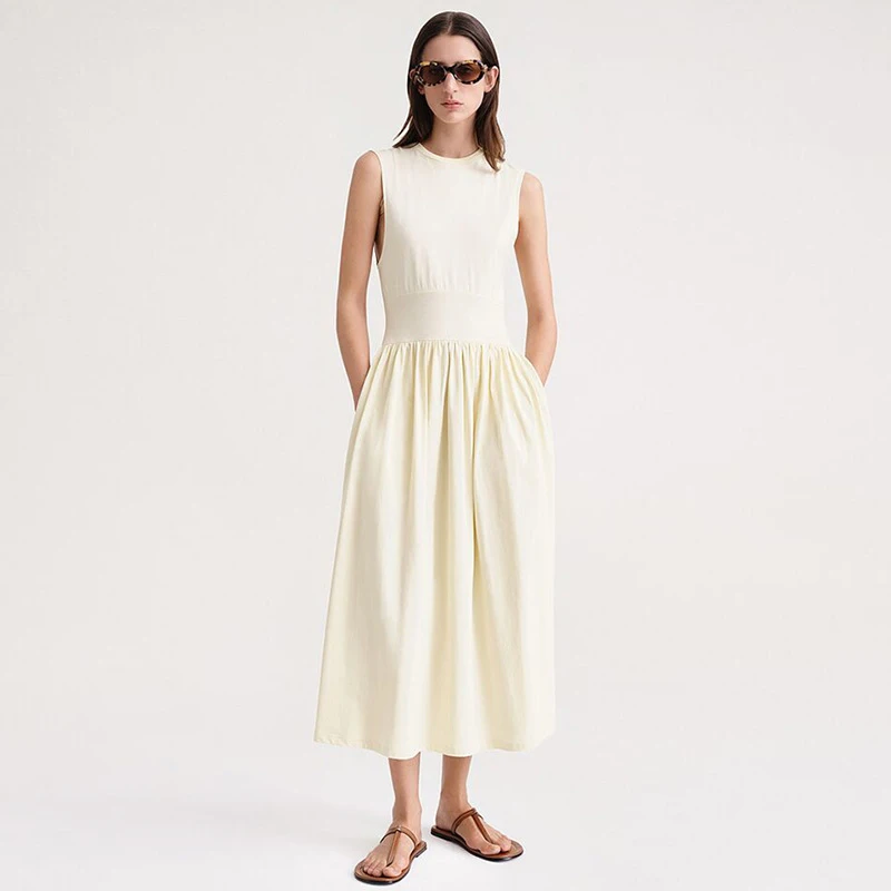 

Casual Cotton Two Tone Waistband A-Line Flared Skirt Hem Medium Length Sleeveless Simple Distinctive Comfortable Women'S Dress