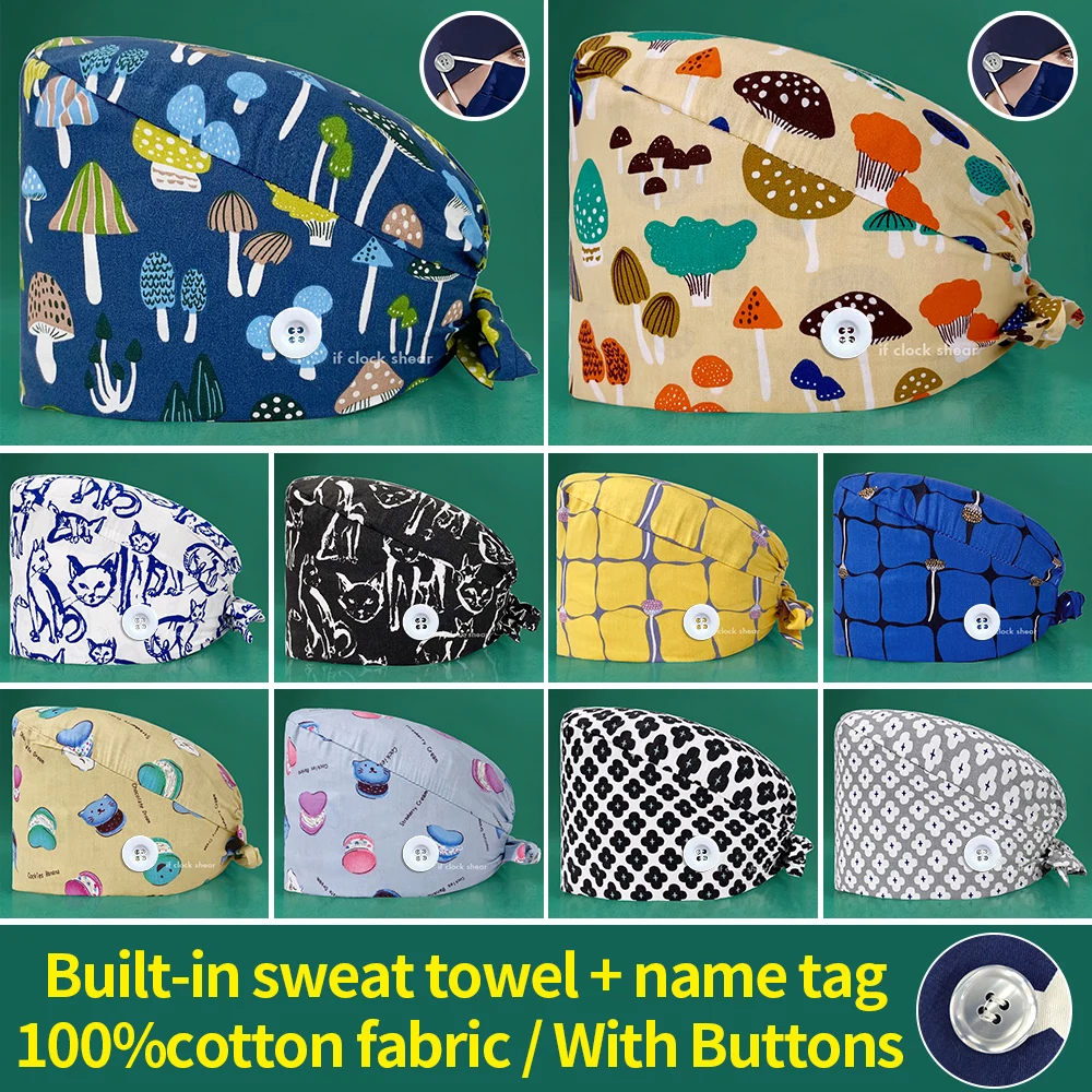 

New Medical Surgery Hat Floral Sanitary Cap with Buttons Cartoon Printing Nursing Caps Veterinary Scrub Hat Nurse Hats for Women