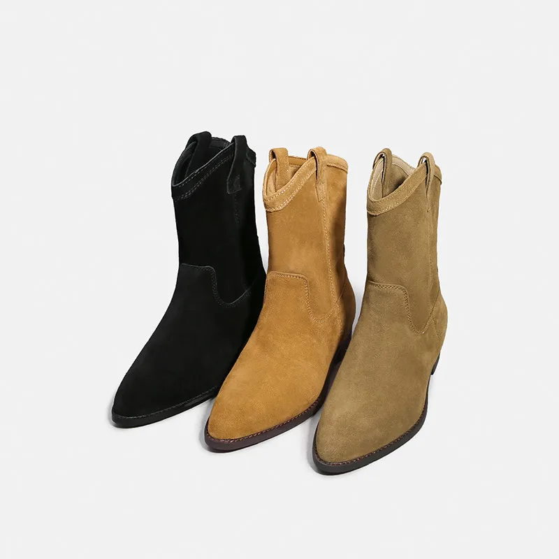 

Женские винтажные замшевые ботинки, однотонные ботинки средней длины с острым носком, женские теплые зимние рыцарские ботинки, модные женс...