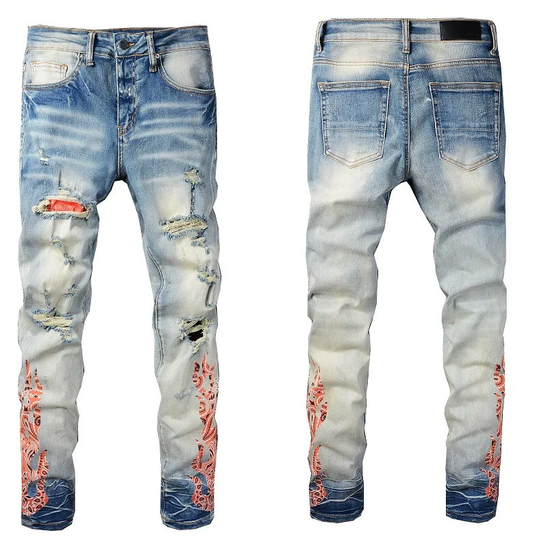 

New hole high street jeans Men's/Women's Torn Jeans, Fashion Washed Worn Patch, Made Old Stretch Pants