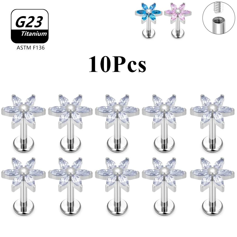

10Pcs ASTM F136 Titanium Cute Six Petals CZ Stone Flower Screw Back Stud Earrings For Women Kids Girls Gold Color Piercing