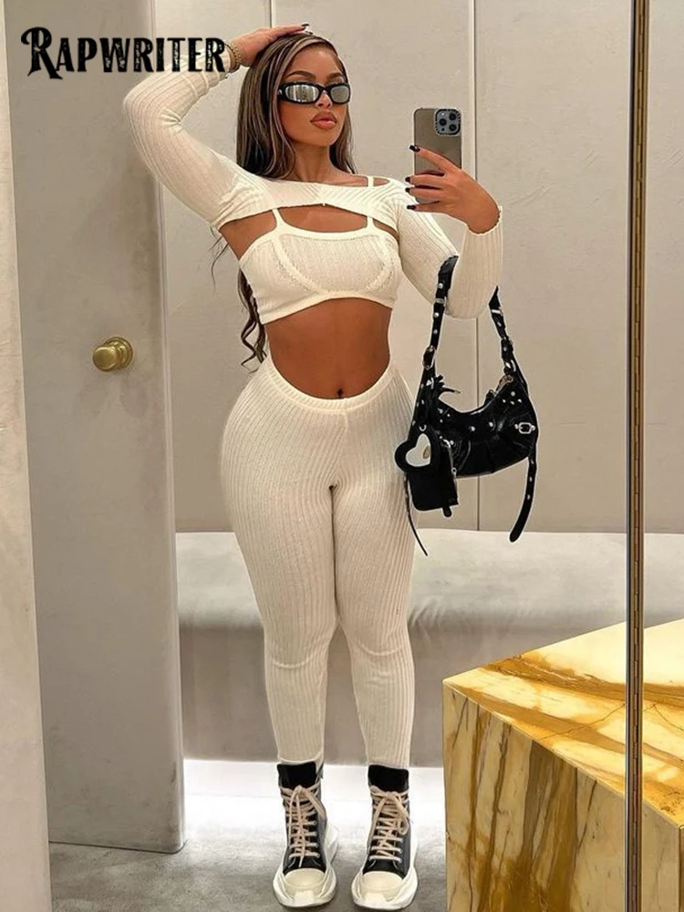 

Rapwriter Fall Street Knit 3 Piece Sets Women Outfits Sexy Casual Camisole+Full-sleeve Smocks+Leggings Pants Winter Outwears New