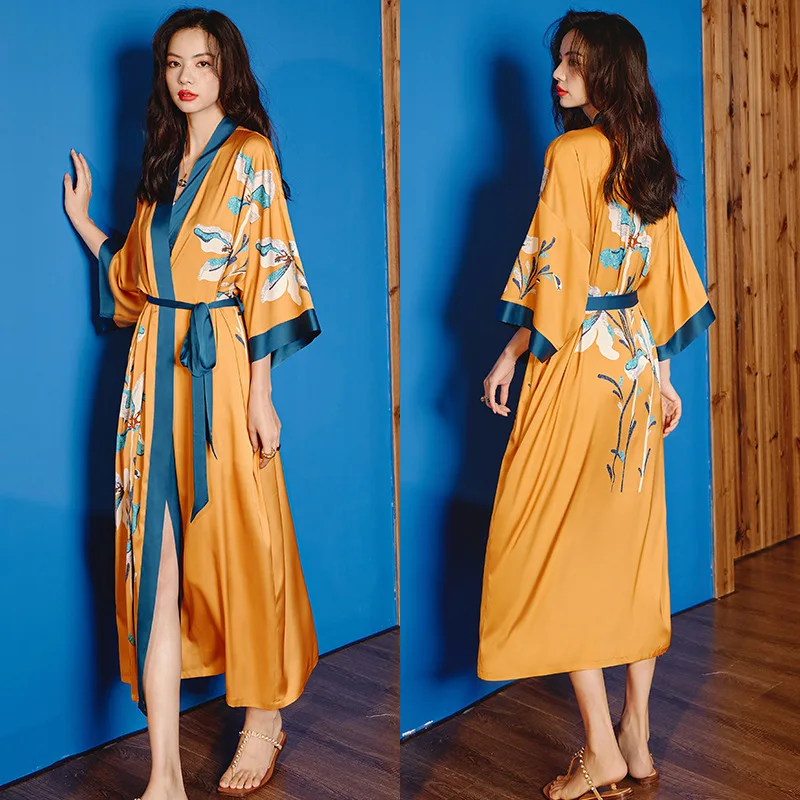 

2023 New Spring Floral Silk Bathrobe Sleepwear Women Satin Sexy Robe Bride Kimono Gown Party Summer Night Wear Pajamas 22 Styles