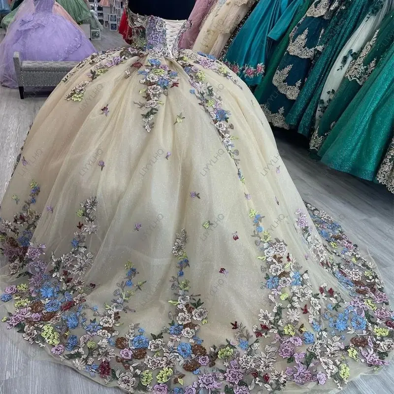 2024 блестящее милое платье Quinceanera цвета шампанского бальное с мексиканской