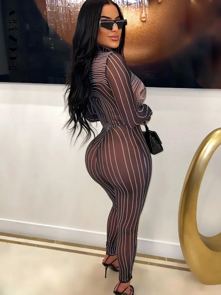 BoozRey2023 Stripe Mesh Black Two Piece Set Women Sexy See Through Long Sleeve Crop Top and High Waist Pants Matching Streetwear