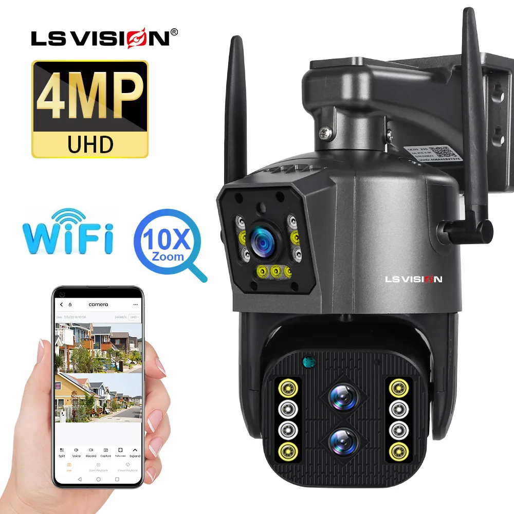 LS VISION 4MP 2K IP Camera Outdoor WiFi PTZ Three Lens Dual Screen 10X Zoom ottico Auto Tracking impermeabile Security CCTV Cam
