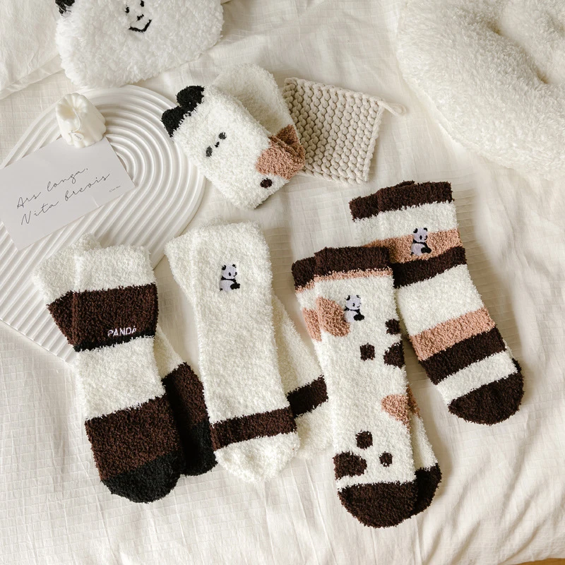 

Winter Warm Thicken Coral Fleece Women's Socks Cute Cartoon Panda Pattern Indoor Floor Socks Soft Plush Thick Thermal Mid Socks