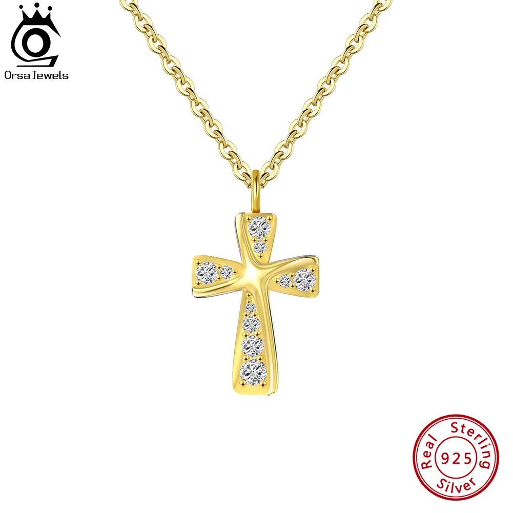 

ORSA JEWELS 14K Gold Cross Necklace for Women 925 Sterling Silver Dainty Simple Prayer Religious CZ Pendant Jewelry SN332