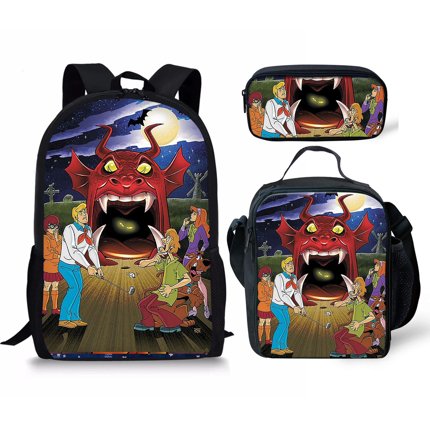 Ghostbusters Scooby Print Backpack Pencil & Lunch Bag Set Portable Travel Children's Knapsack Durable Large Capacity School Bags