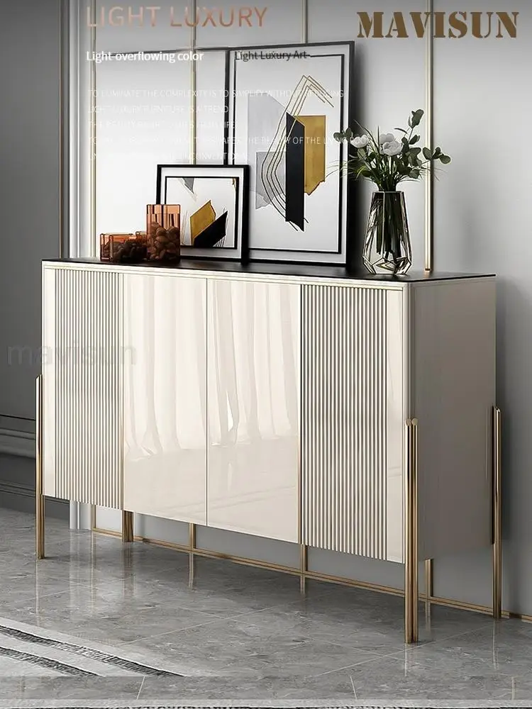 

Light Luxury Sideboard Rock Panel Round Corners Large Storage Capacity Cupboard In White Golden Stainless Steel Display Cabinet