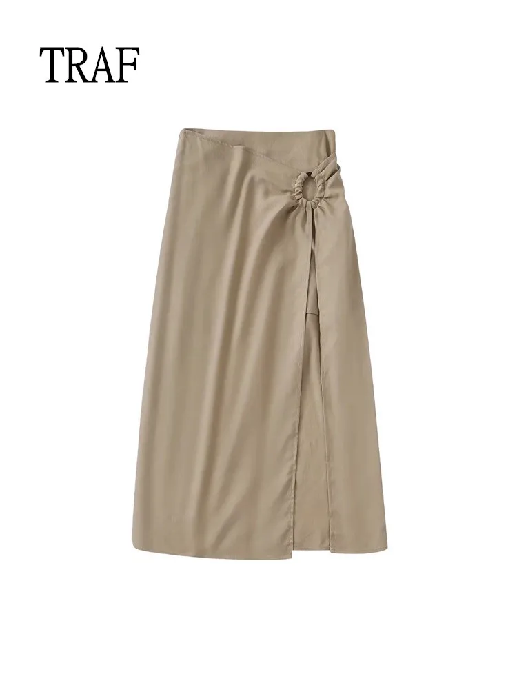 

TRAF Women Skirt 2022 Vintage High-Waisted Midi Sarong Skirts Woman Clothing Linen Split Female Skirt Elegant Summer Long Skirts