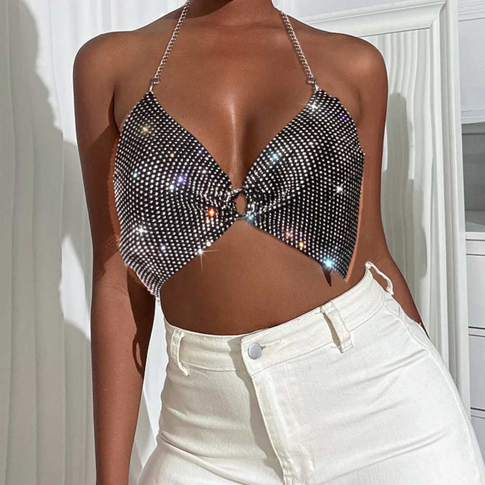 

Блестящие стразы сексуальные укороченные женские топы с блестками Бриллиантовая металлическая цепочка Холтер Топ для клувечерние уличная...