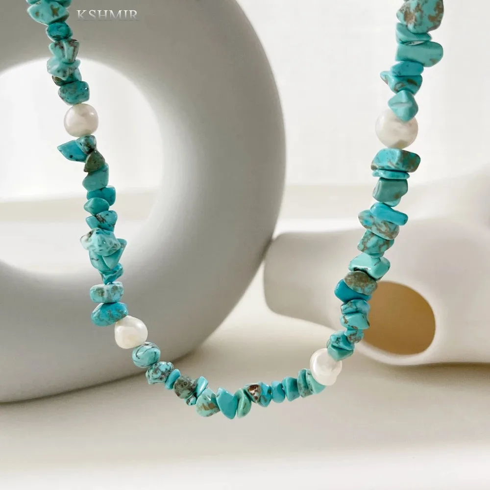 

Boho Blue Natural Stone Freshwater Pearls Beaded Necklaces for Women Handmade Statement Collar Necklace Summer Jewelry