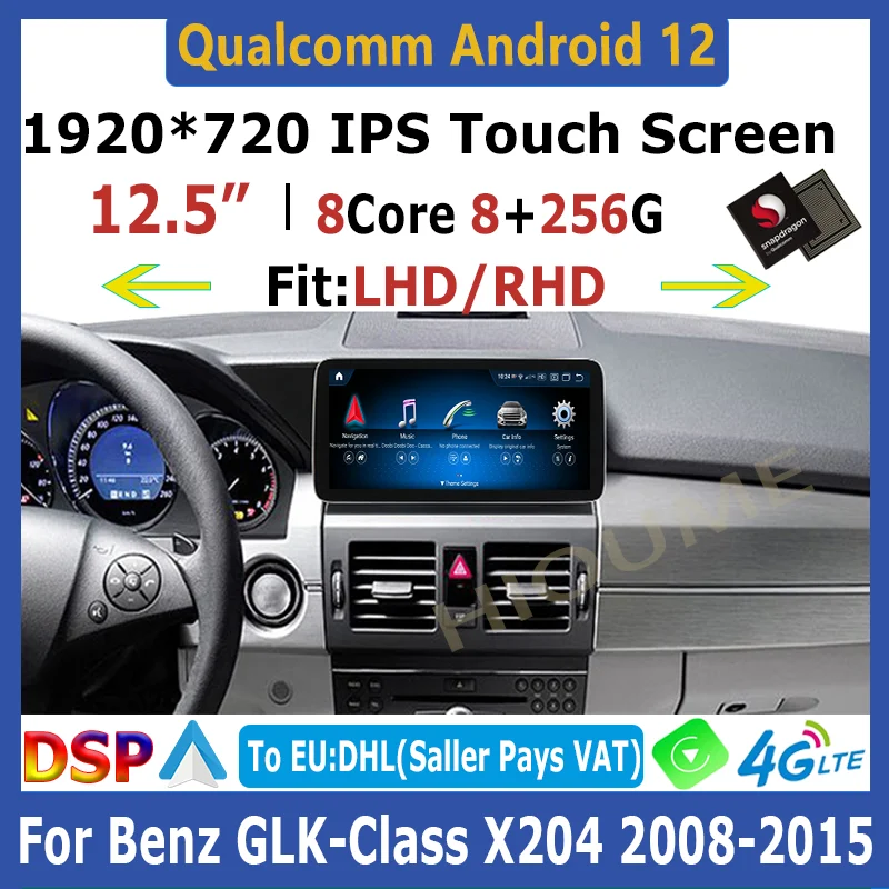 

12.5" Android 12 8+256G Qualcomm Car Multimedia Player for Mercedes Benz GLK Class X204 2008-2015 GPS Navigation CarPlay Auto