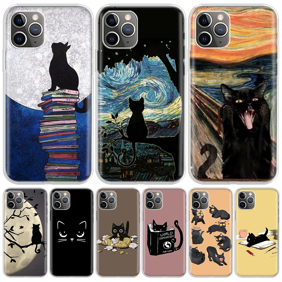 Black Cat Cartoon Cute For iPhone 11 13 14 Pro Max 12 Mini Phone Case X XS XR 6 6S 8 7 Plus SE Apple 5 5S Fundas Cover Coque Cap