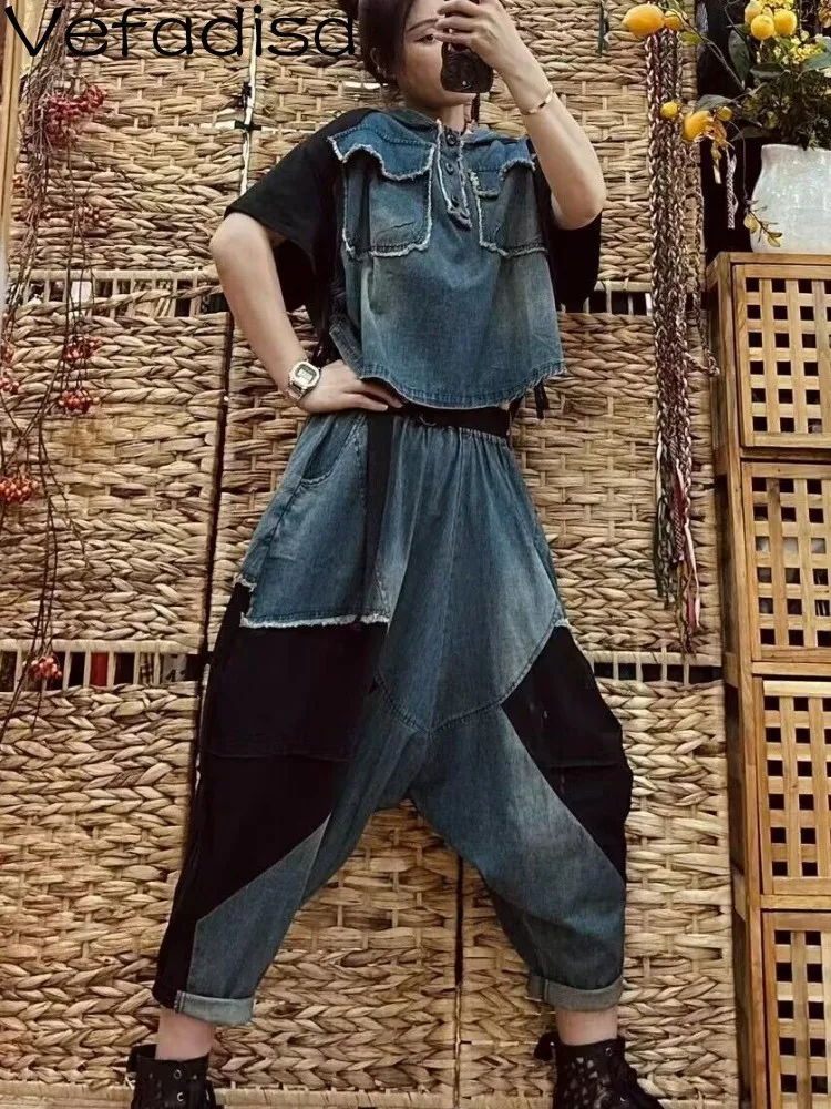 

Vefadisa Personalized Fashionable Thin Denim Matching Set Women 2023 Summer Hooded Short Top + Pant Two-piece Set ZXF263B