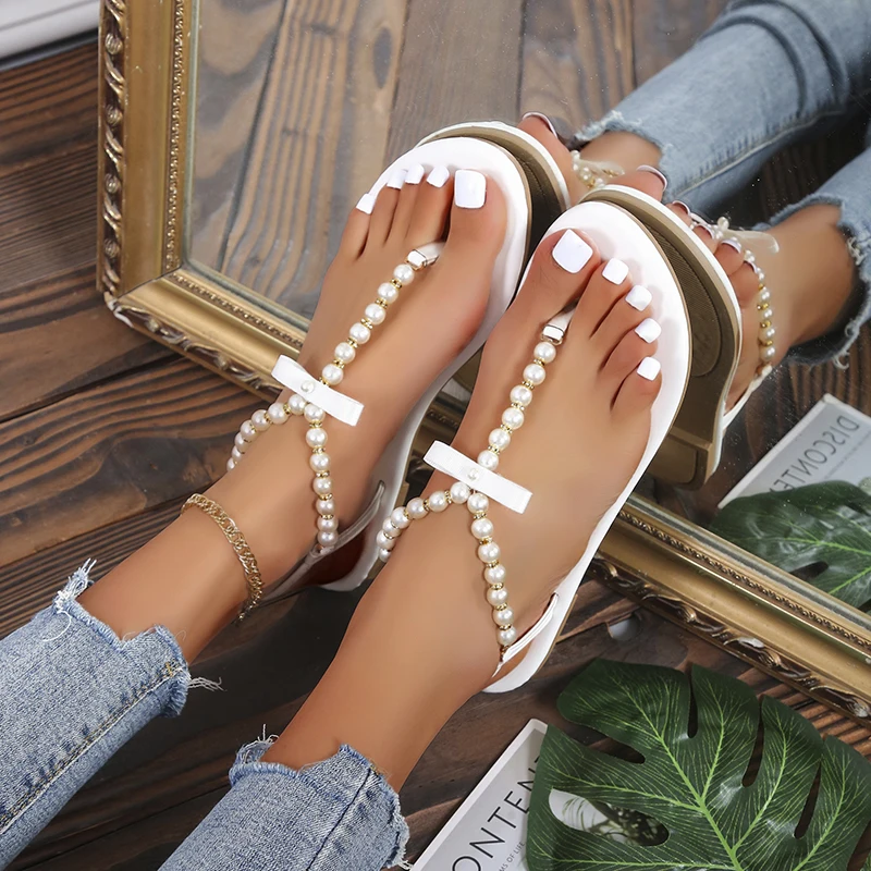 

Women Sandals 2022 New Summer Shoes Flat Pearl Sandals Comfortable String Bead Beach Slippers Casual Sandals Pink White Black 42